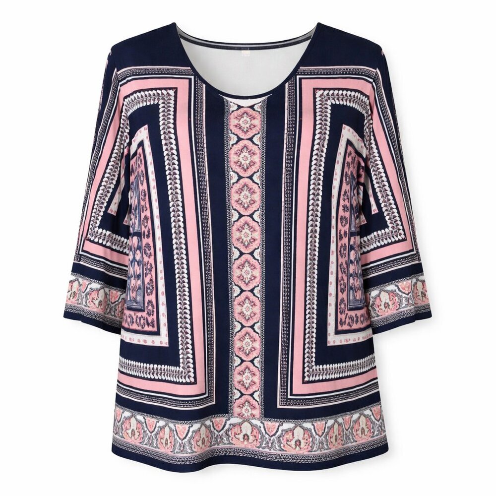 JM COLLECTION Navy Orange Print Top Plus Size 2X